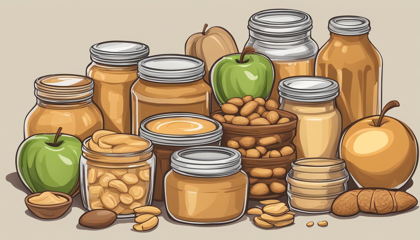 A jar of peanut butter surrounded by a variety of foods such as bread, apples, and celery, showcasing its versatility in culinary uses