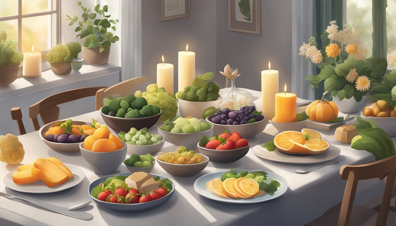 A serene setting with a variety of healthy foods arranged on a table, surrounded by calming elements like candles, flowers, and soft lighting