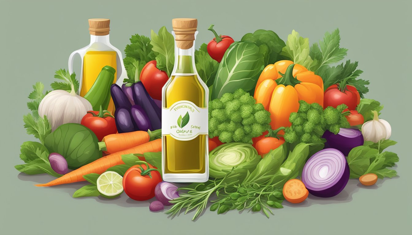 A colorful array of fresh vegetables and herbs arranged around a bottle of premium olive oil, ready to be used in a salad