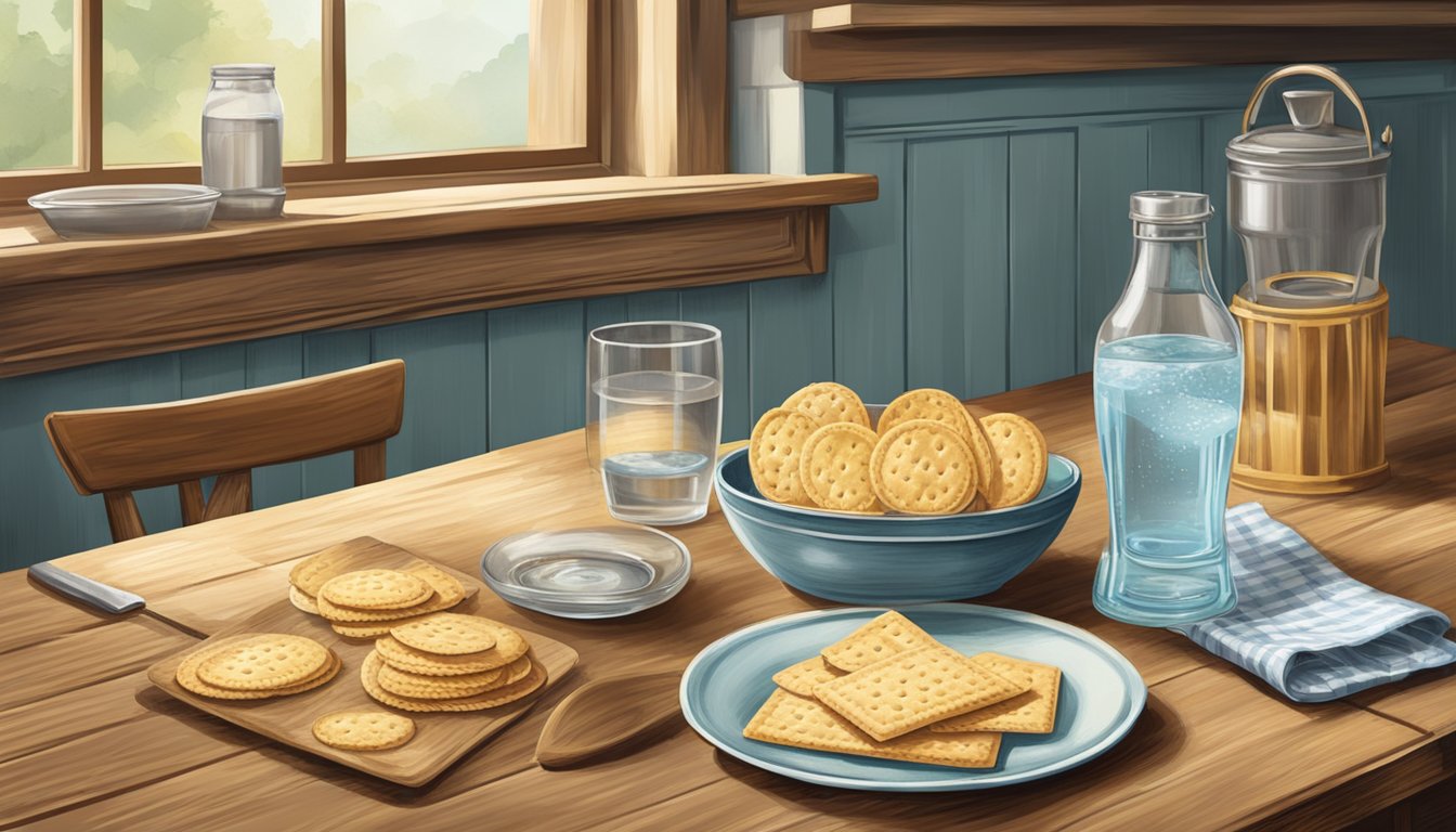 A vintage kitchen with a rustic wooden table set with a plate of Carr's Table Water Crackers, a stack of crackers, and a glass of water