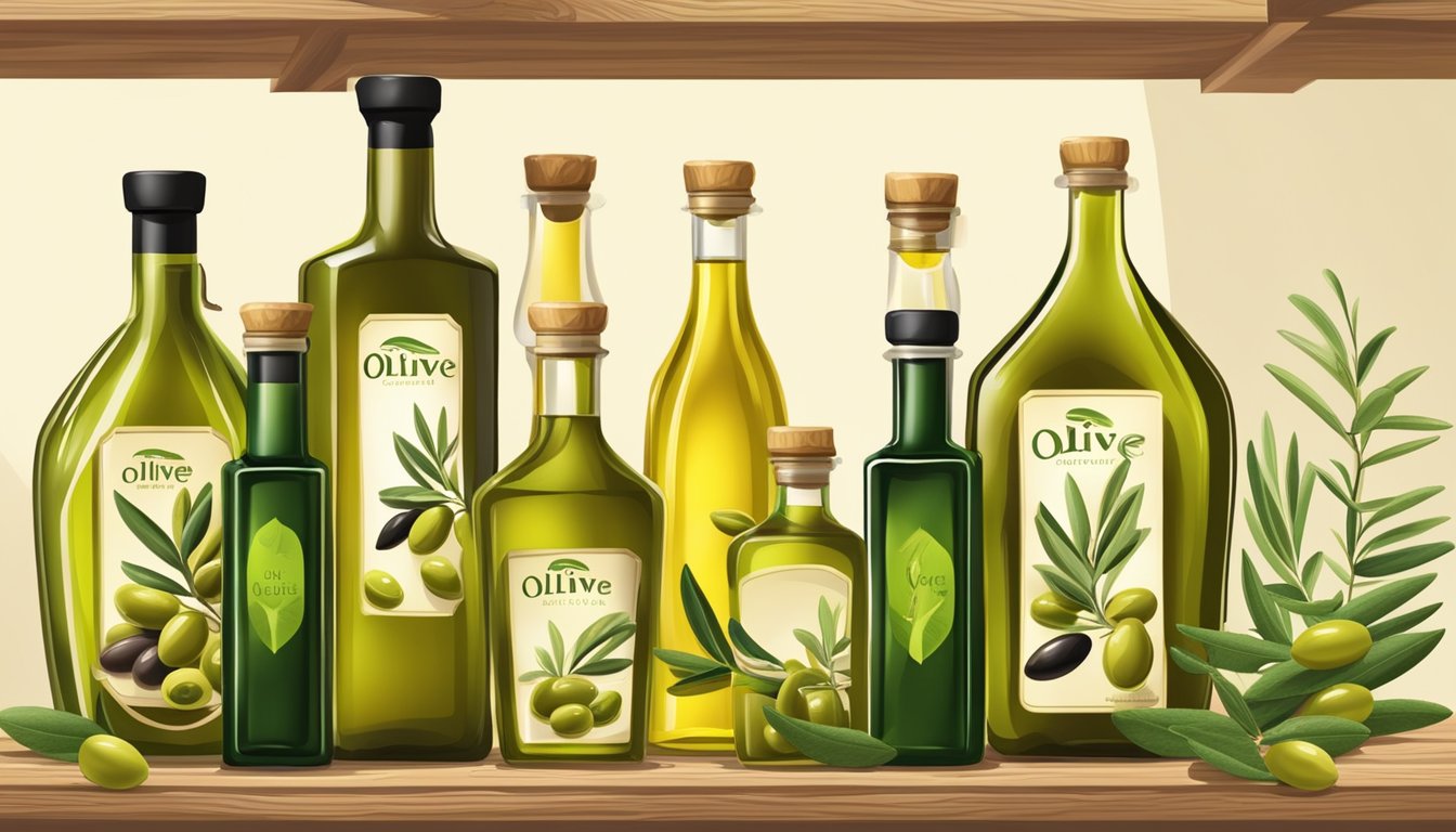 A variety of high-quality olive oil bottles displayed on a wooden shelf, surrounded by fresh green olives and vibrant green leaves