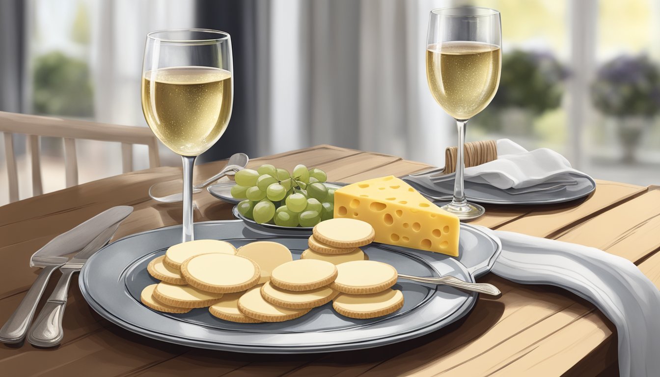 A simple, elegant table setting with a stack of Carr's Table Water Crackers next to a glass of wine and a cheese board