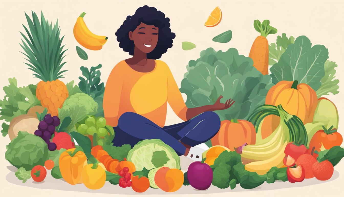 A person surrounded by fresh fruits and vegetables, practicing mindful eating while following the 5:2 diet plan