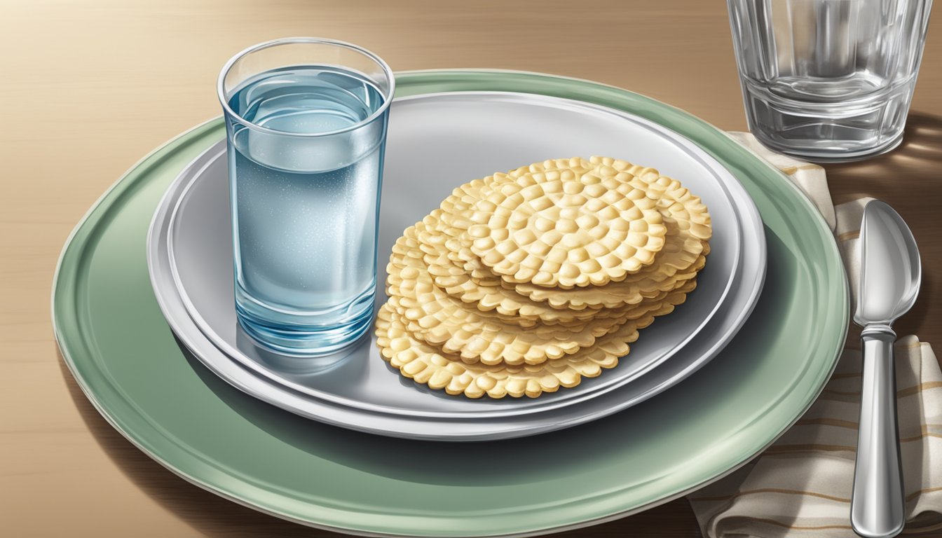 A table setting with a stack of Carr's Table Water Crackers on a plate, accompanied by a glass of water