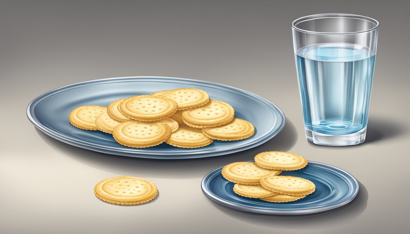 A table set with a plate of Carr's Table Water Crackers and a glass of water