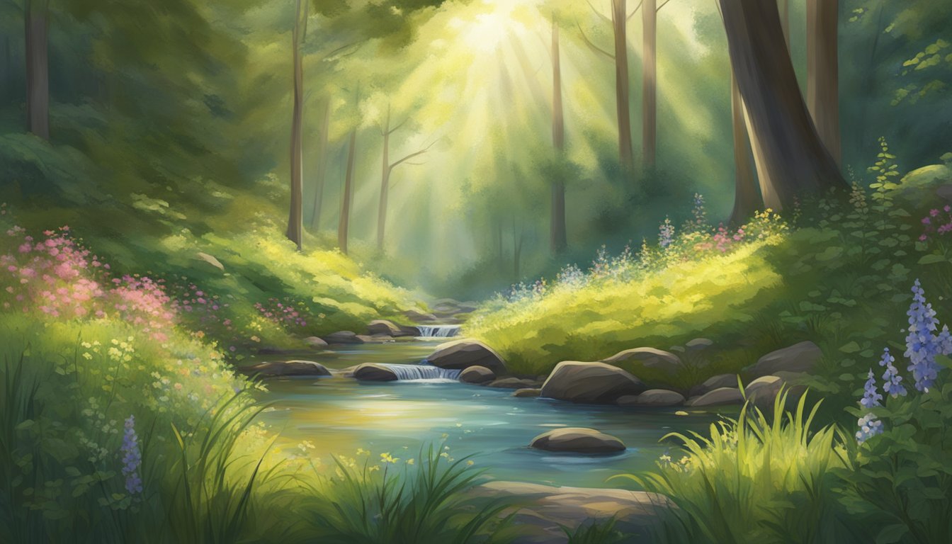 A serene forest clearing, sunlight filtering through the canopy onto a patch of wildflowers. A small stream trickles nearby, surrounded by lush greenery and the sounds of nature