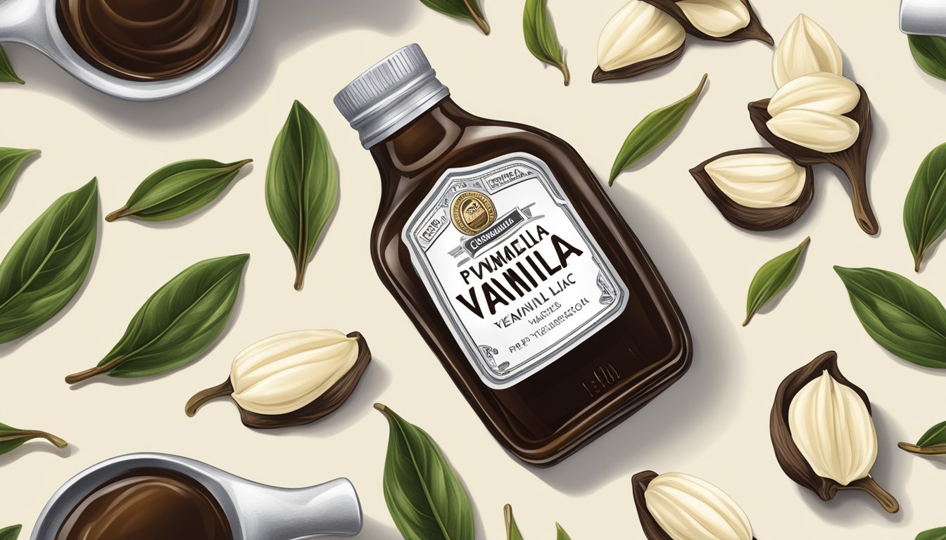 A bottle of McCormick Pure Vanilla Extract surrounded by vanilla beans and a measuring spoon