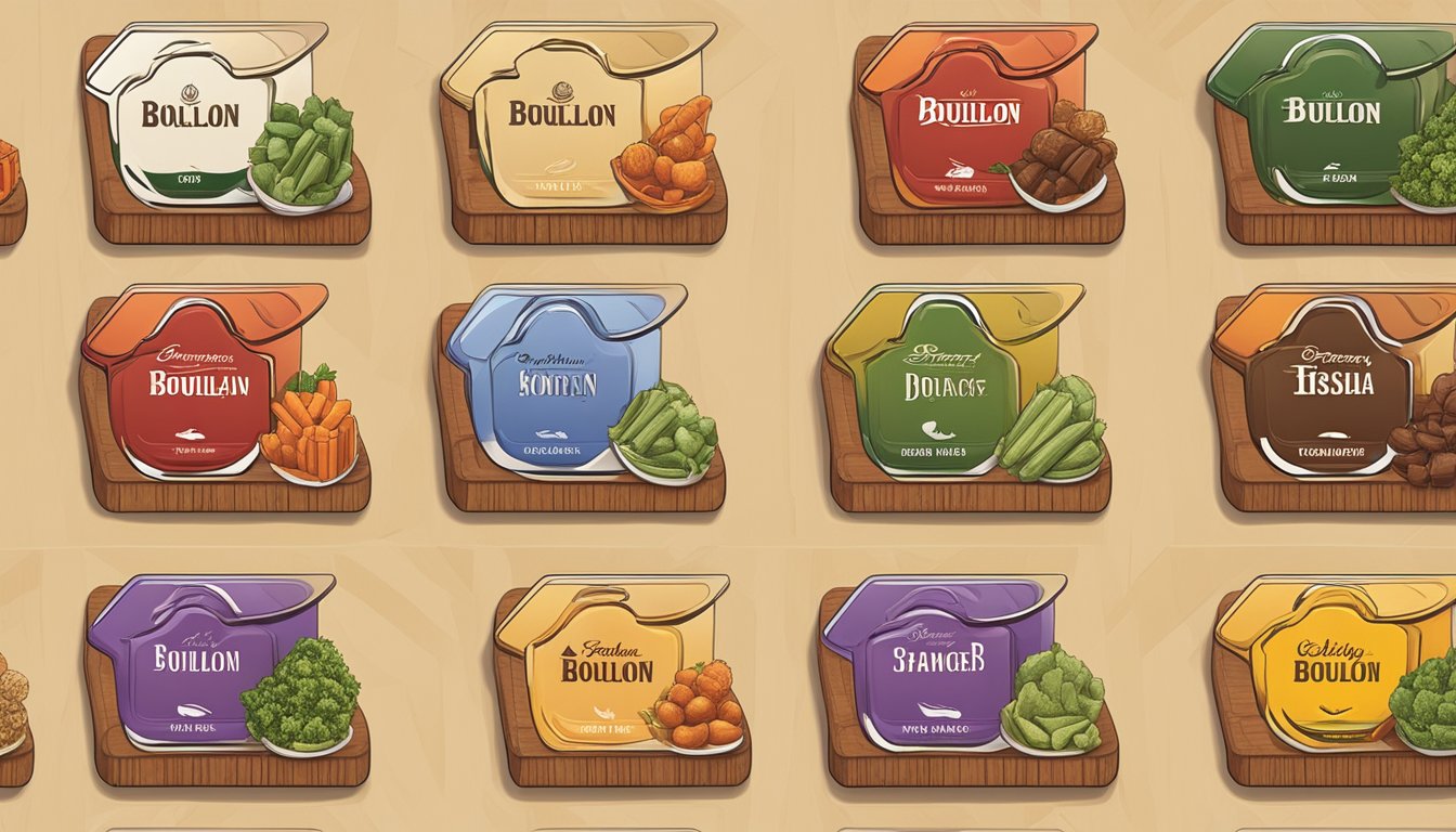 A variety of bouillon cubes arranged in a neat row on a wooden cutting board, with different brand logos and flavors visible