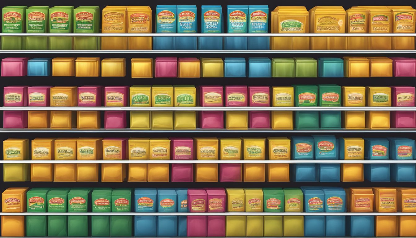 A variety of colorful and enticing bouillon cube packages arranged neatly on a display shelf