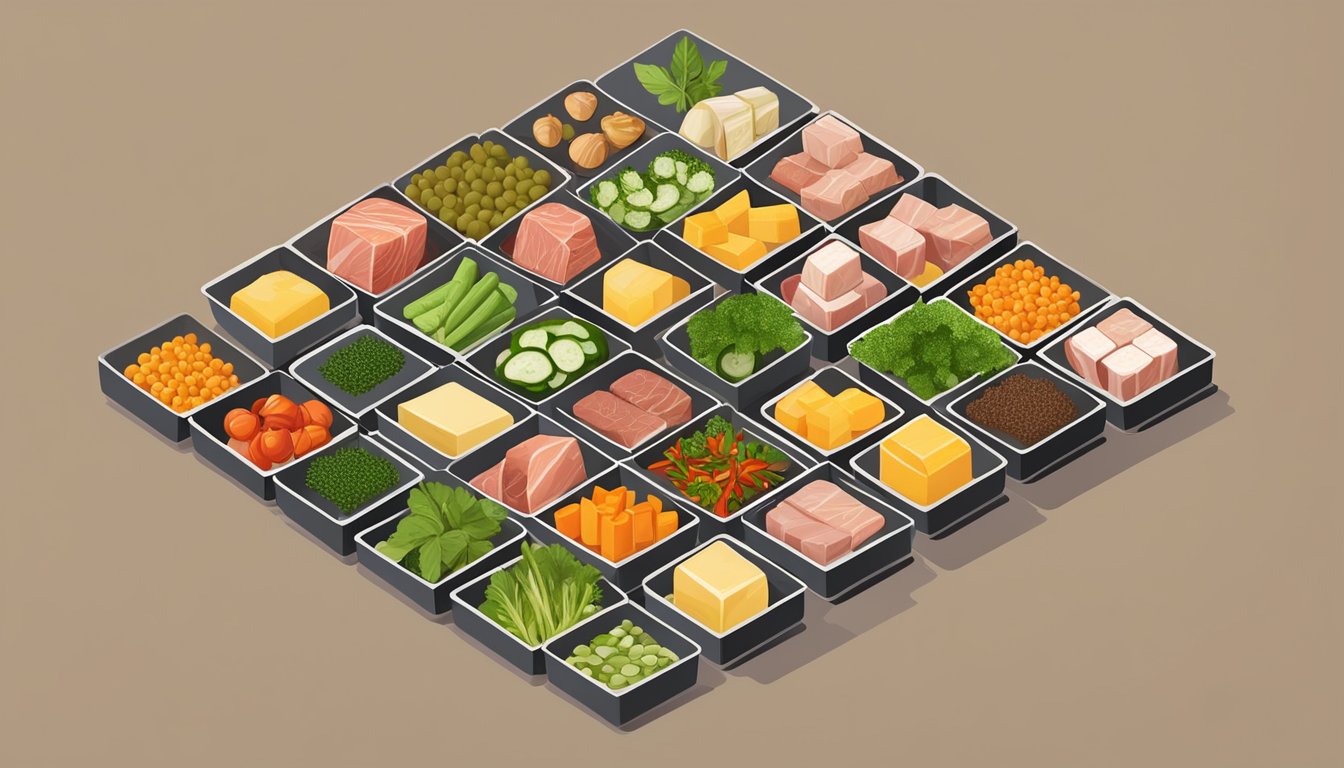 A collection of bouillon cubes arranged in a neat grid, surrounded by fresh ingredients such as herbs, vegetables, and meats