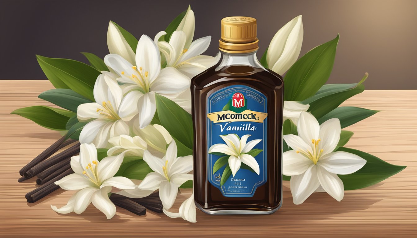 A clear glass bottle of McCormick Pure Vanilla Extract surrounded by vanilla beans and flowers on a wooden tabletop