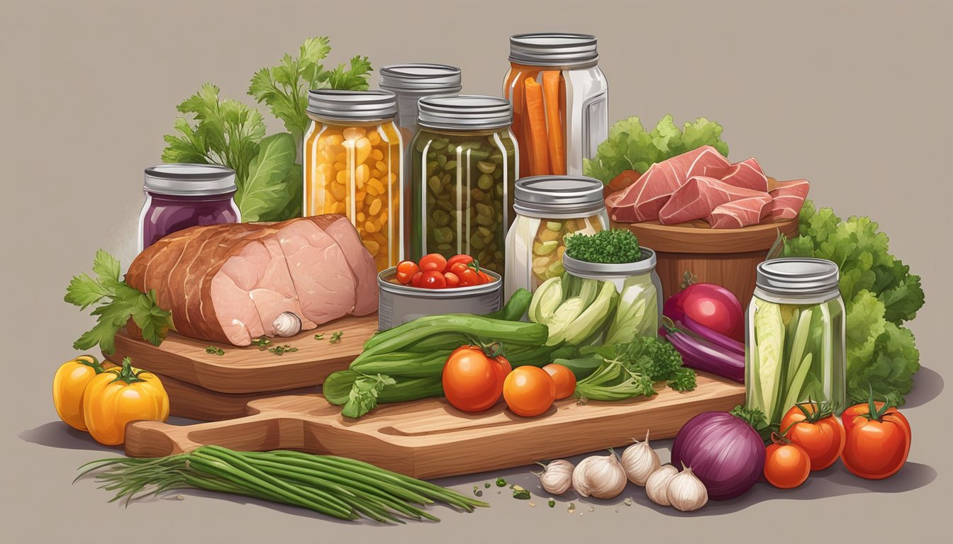 A variety of canned meats arranged on a wooden cutting board with fresh vegetables and herbs scattered around