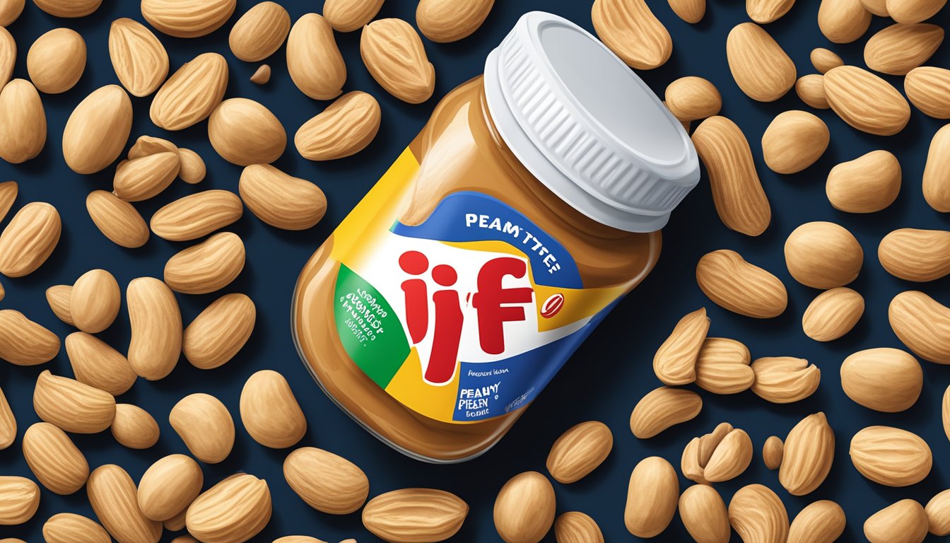 A jar of Jif creamy peanut butter surrounded by peanuts and a measuring spoon