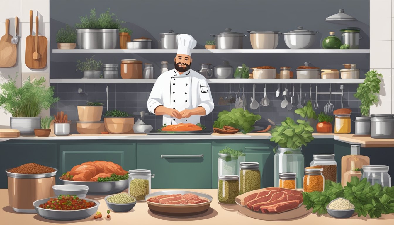 A chef's kitchen with open cans of various meat brands, surrounded by fresh herbs and spices, and a cookbook open to different recipes