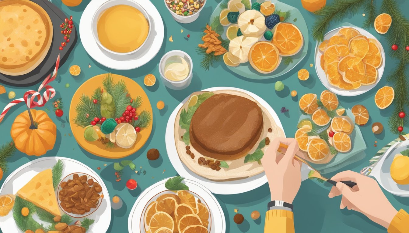 A person measuring and portioning out food on a plate, surrounded by festive decorations and holiday treats