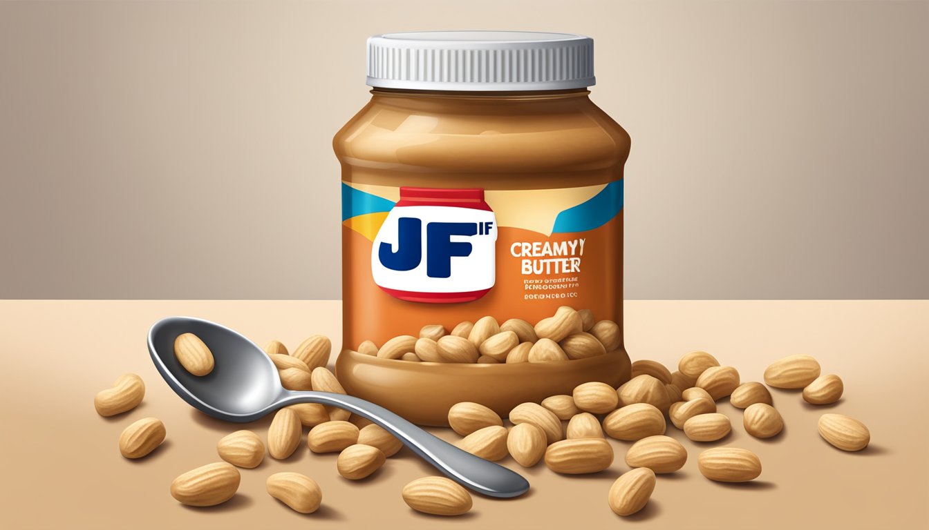 A jar of Jif creamy peanut butter surrounded by peanuts and a spoon