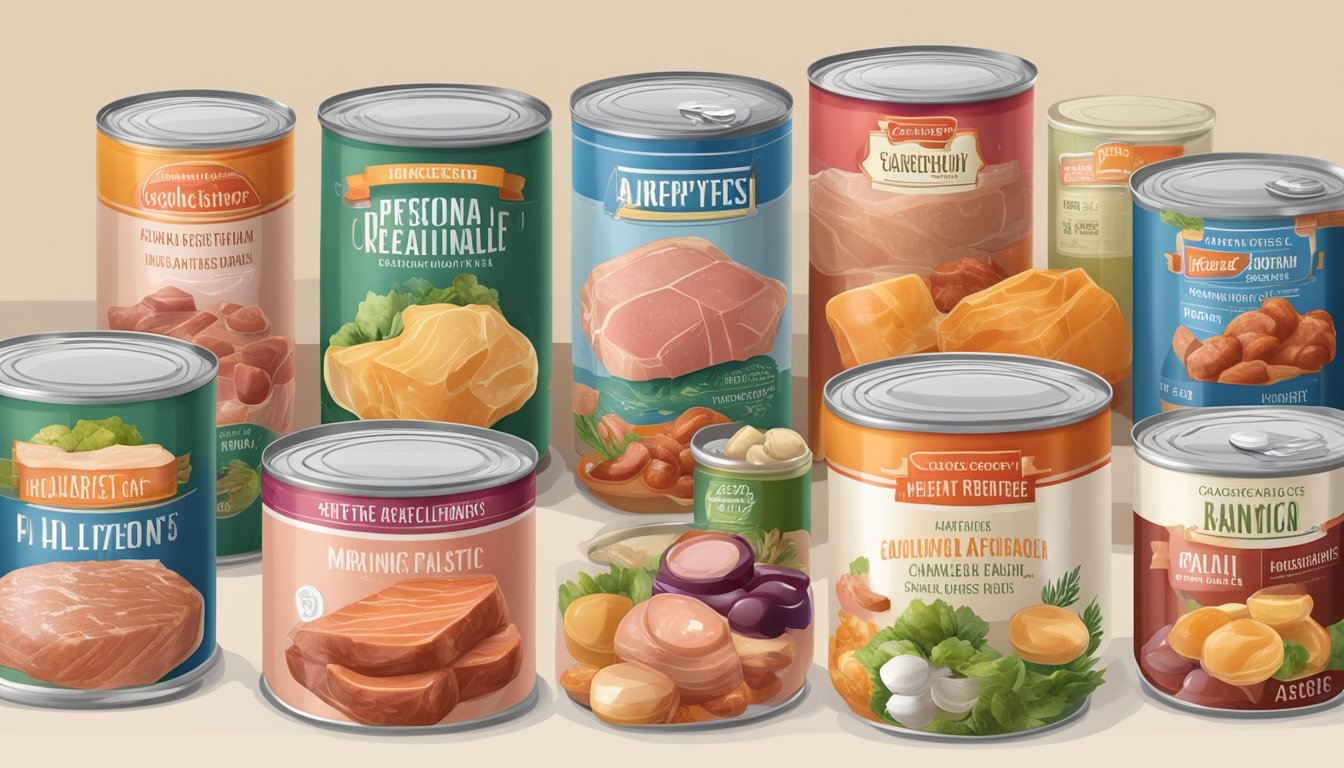 A variety of canned meats surrounded by ingredients and additives, with brand labels displayed prominently