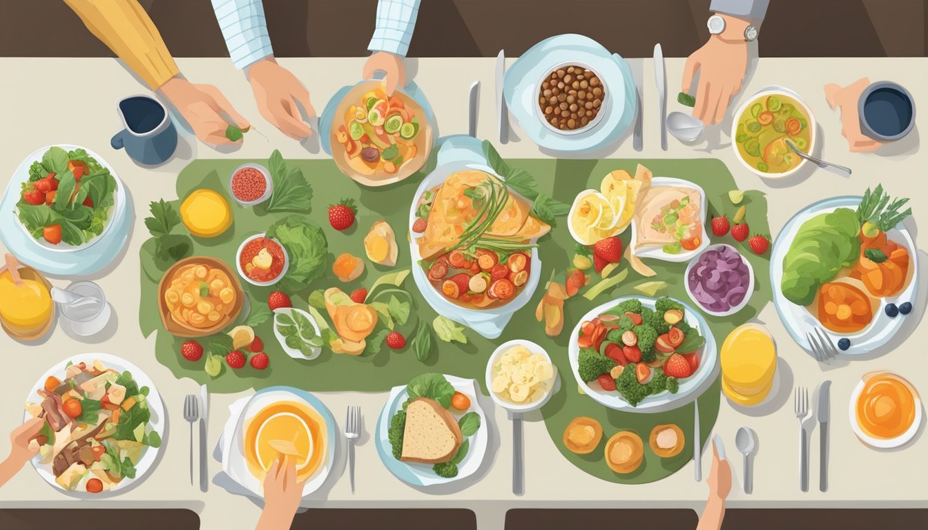 A dining table set with a variety of healthy and indulgent foods, surrounded by family and friends. Some plates are filled with smaller portions to accommodate the 5:2 diet