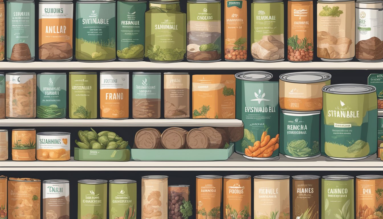 A shelf of canned meats with eco-friendly labels, surrounded by images of sustainable farming and ethical sourcing practices