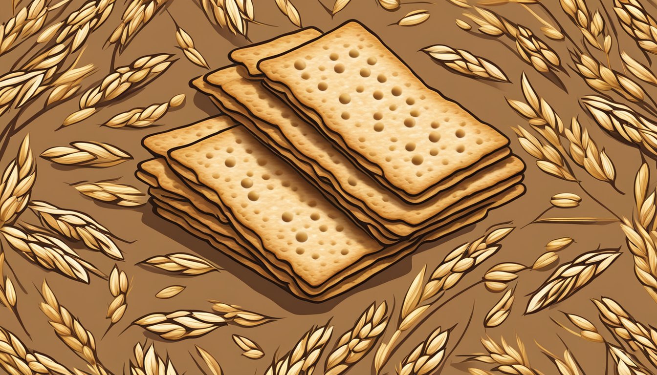 A stack of Whole Wheat Carr's crackers surrounded by scattered wheat grains