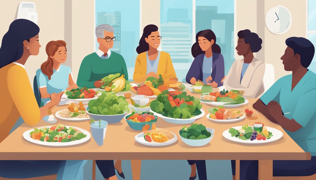 A group of health professionals gather around a table discussing holiday and special occasion strategies for the 5:2 diet. Calendar and healthy food options are displayed