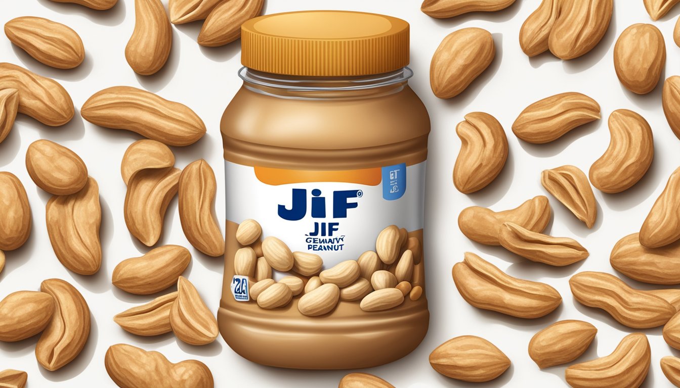 A jar of Jif creamy peanut butter surrounded by peanuts and a spoon