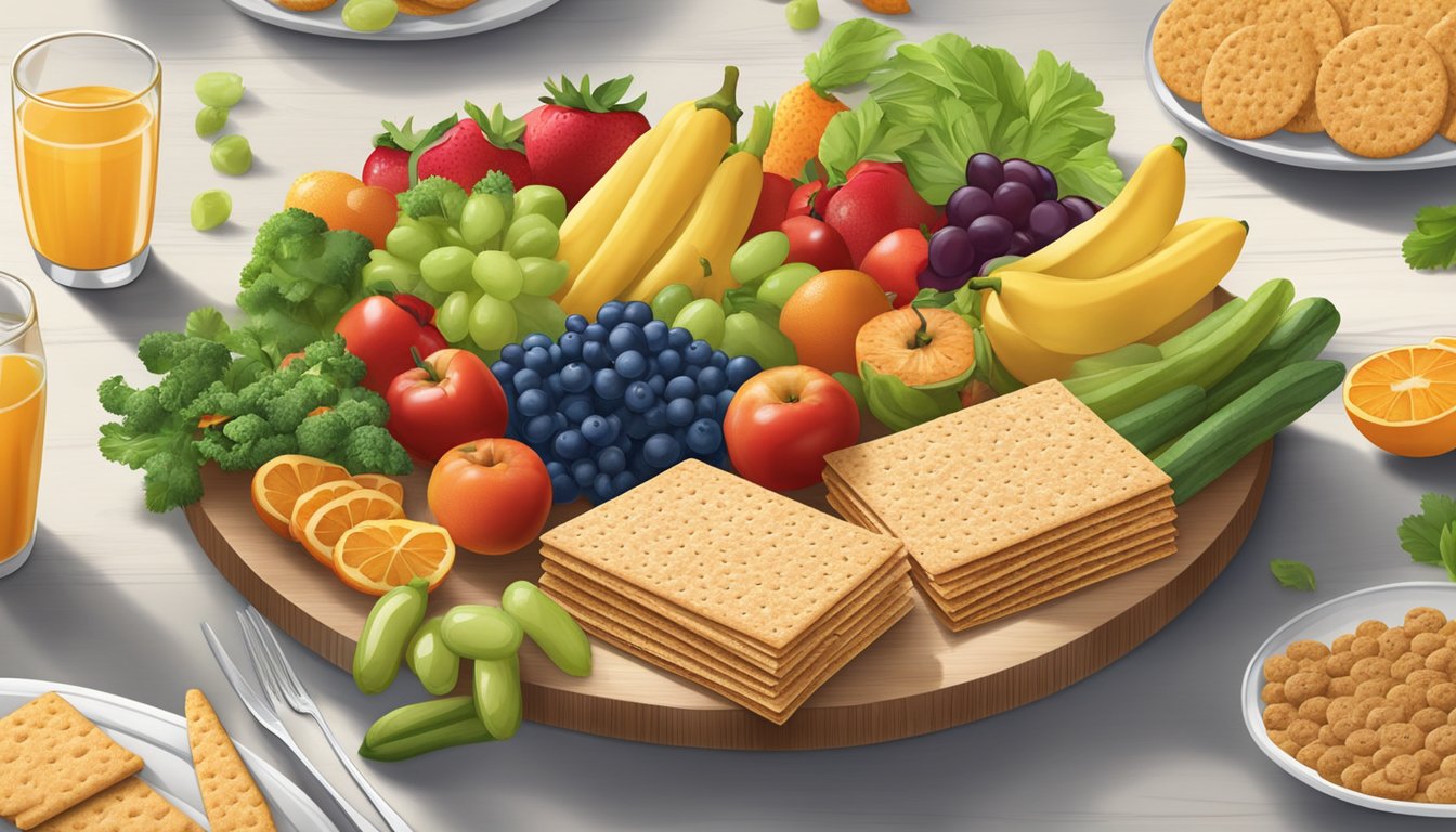 A table with a box of Carr's whole wheat crackers, surrounded by a variety of fresh fruits and vegetables