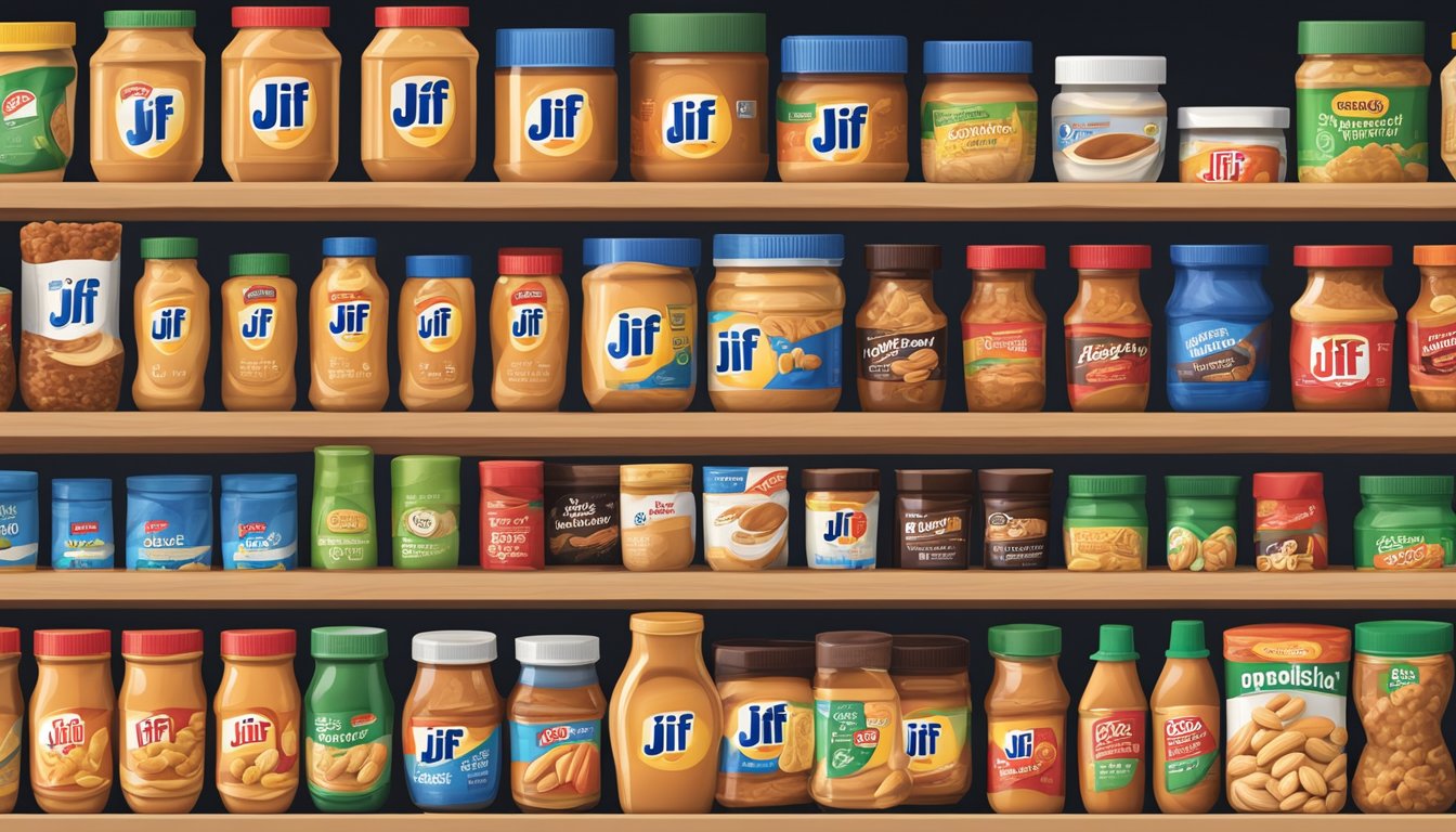 A jar of Jif creamy peanut butter sits on a grocery store shelf, surrounded by other condiments and snacks