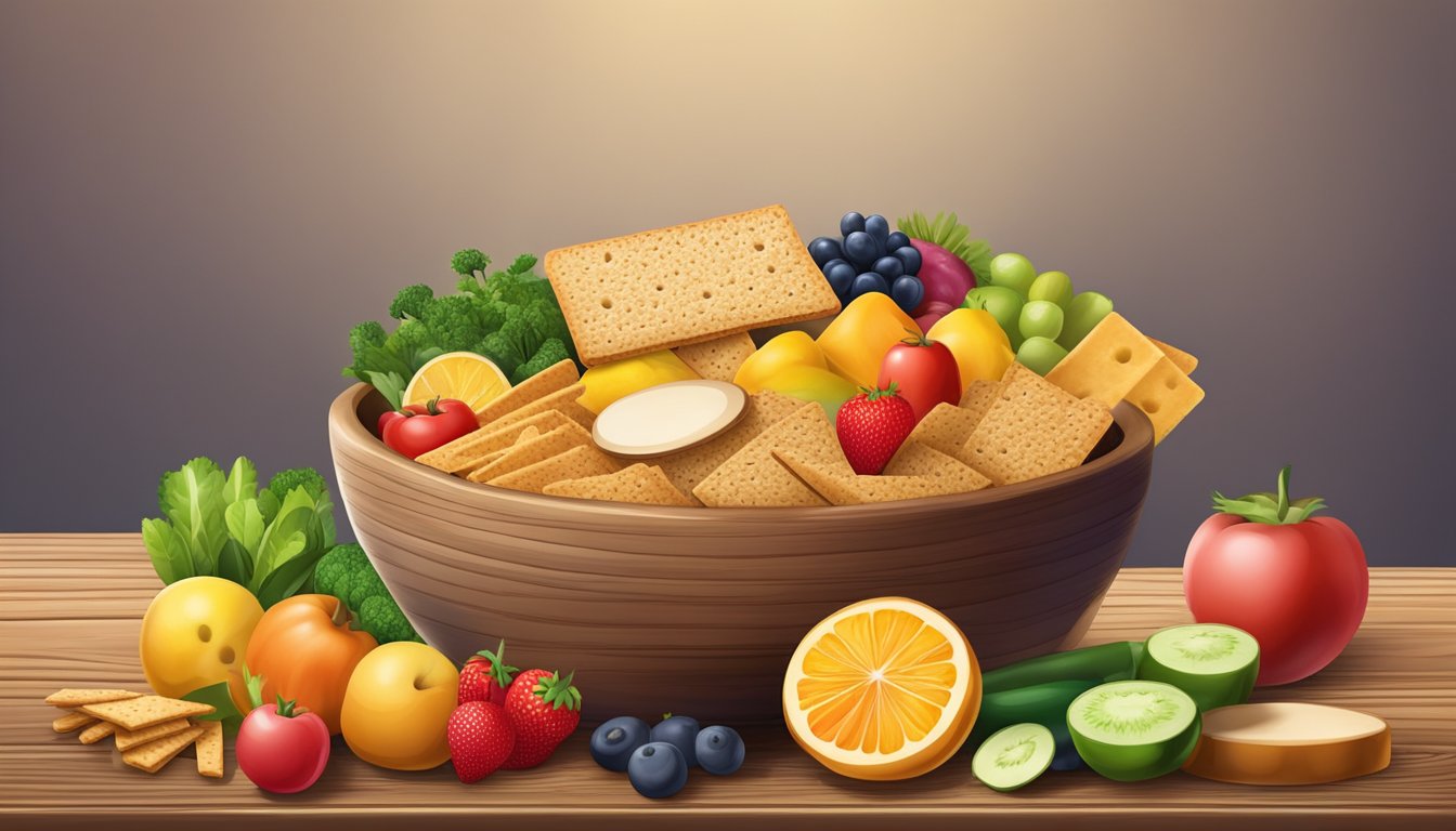 A bowl of whole wheat crackers surrounded by colorful fruits and vegetables on a wooden table