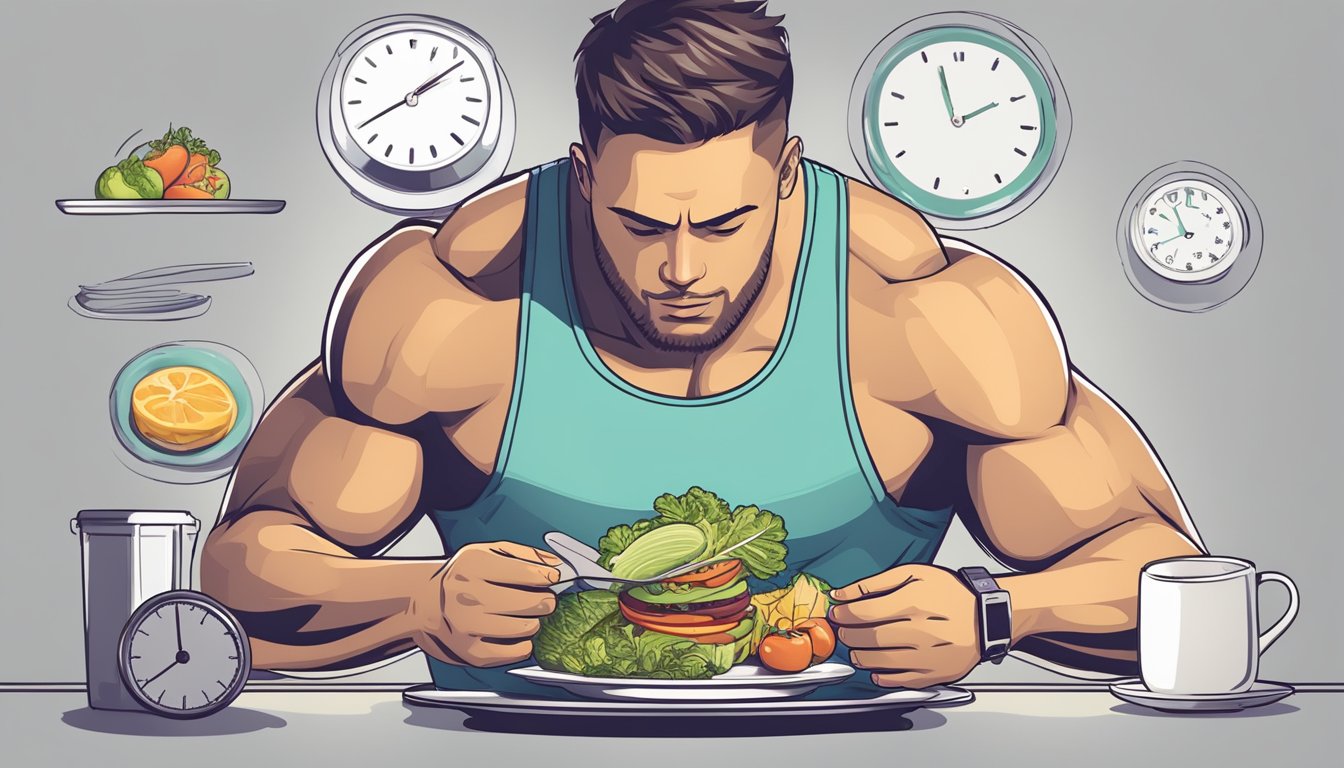 A professional athlete measuring out portions of food on a plate, with a stopwatch nearby to indicate the 5:2 diet plan