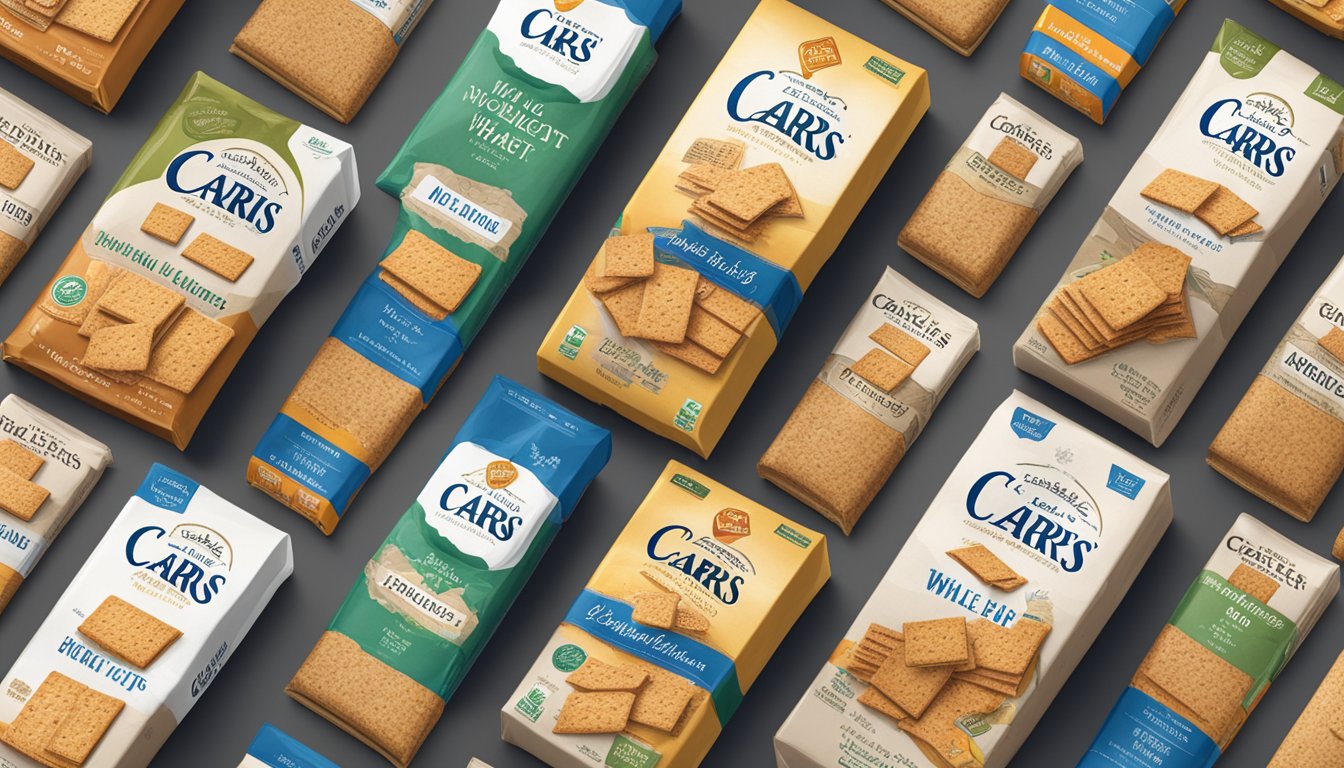 A table with an assortment of Carr's Whole Wheat Crackers in different packaging and sizes