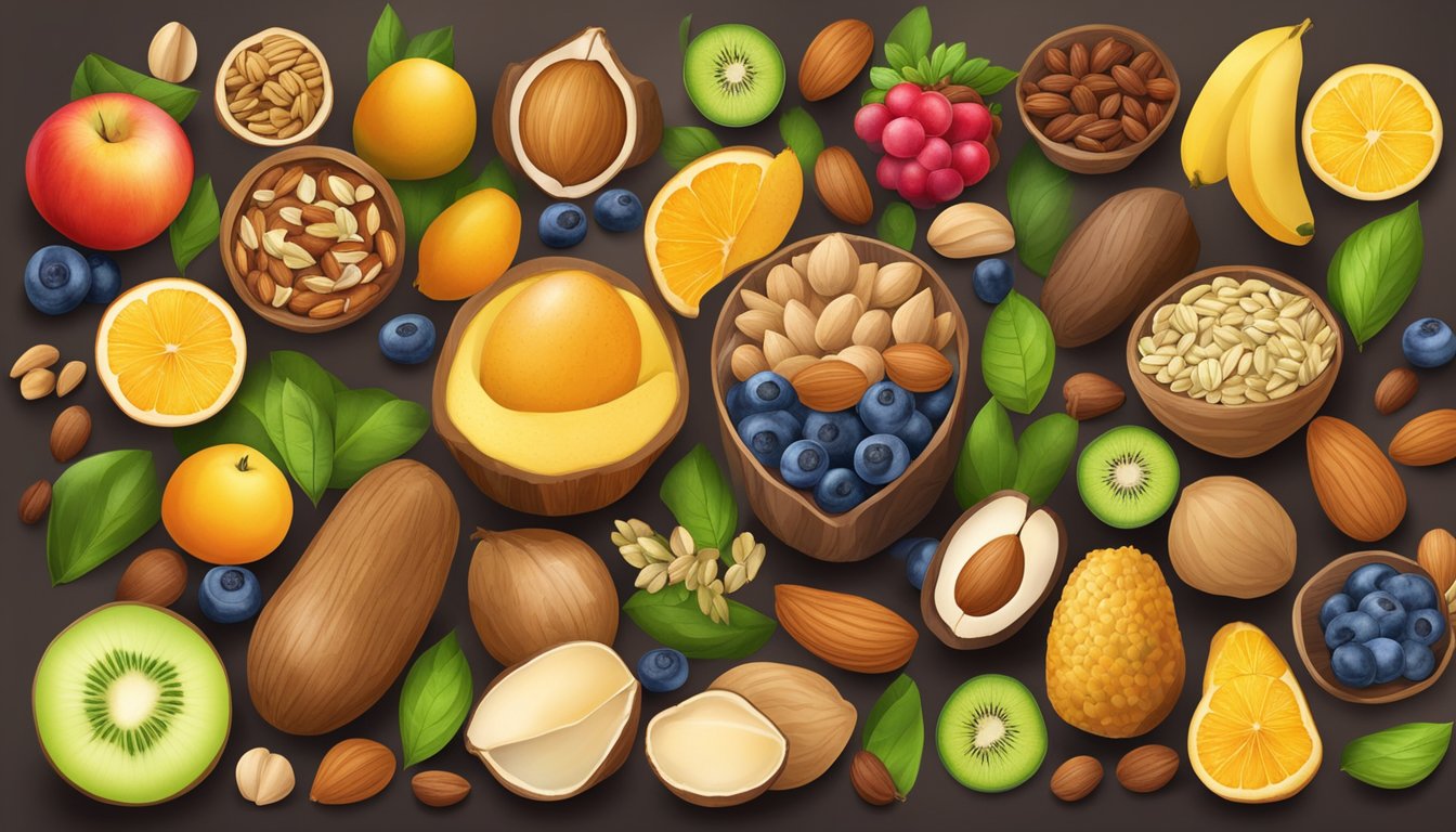 A variety of whole, natural ingredients like nuts, fruits, and seeds arranged in a colorful and appetizing display