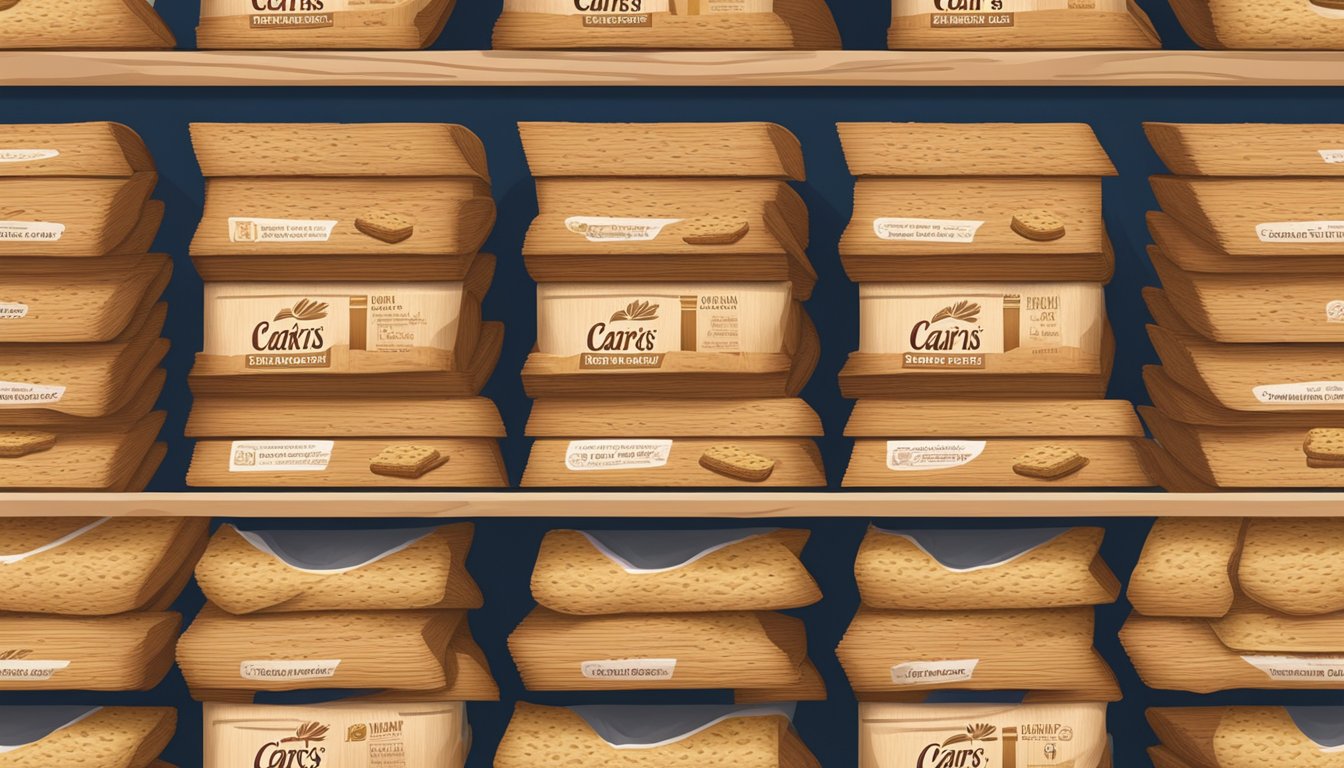 A wooden pantry shelf with neatly stacked Carr's whole wheat crackers in their original packaging