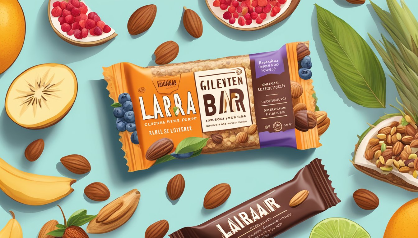 A Larabar gluten-free bar surrounded by fresh fruits and nuts