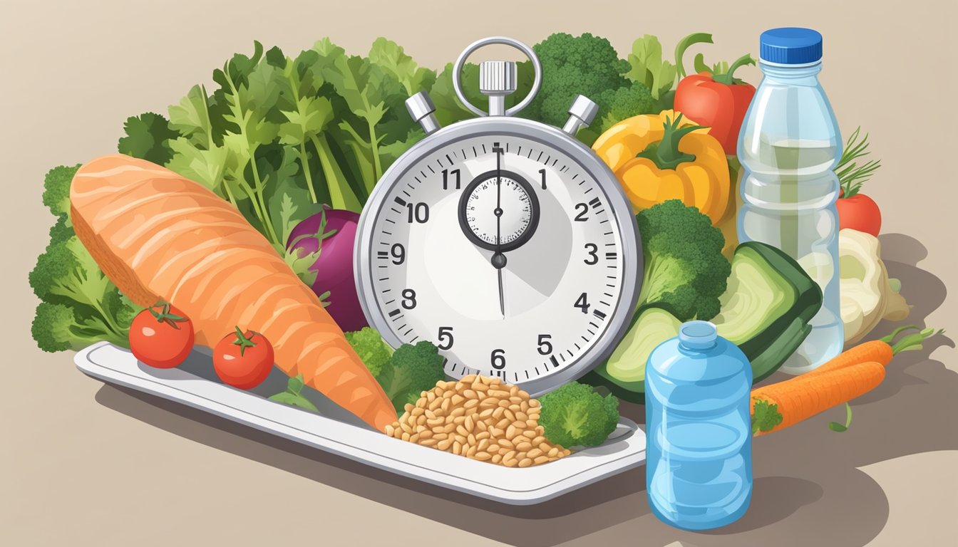 A plate with a balanced meal of lean protein, vegetables, and whole grains, surrounded by a stopwatch and a water bottle