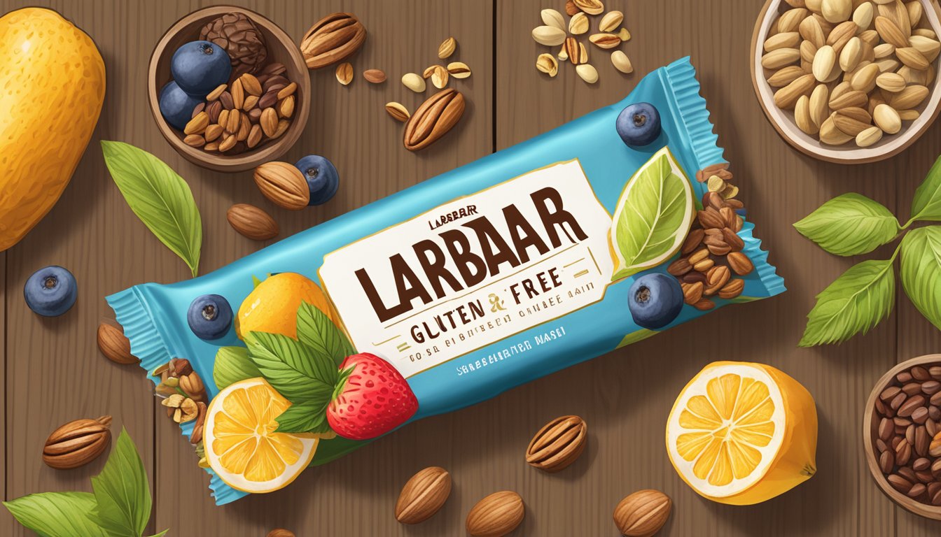 A Larabar gluten-free bar surrounded by fresh fruits and nuts on a wooden table