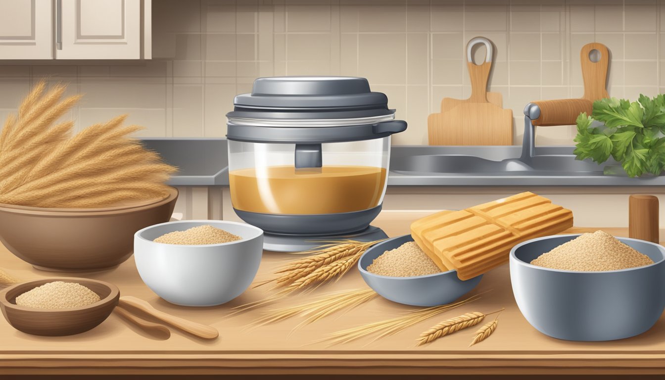 A kitchen counter with a rolling pin, mixing bowl, and ingredients for whole wheat crackers