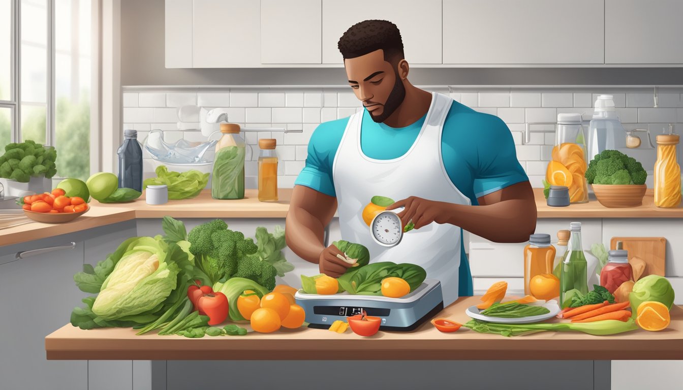 A professional athlete measuring food portions on a kitchen scale, surrounded by healthy ingredients and a water bottle