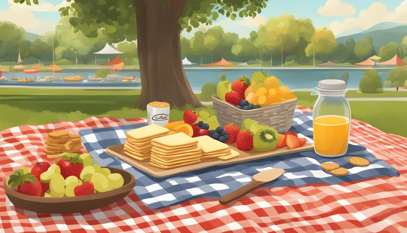 A family picnic with a spread of Carr's whole wheat crackers, cheese, and fruit on a checkered blanket in a sunny park