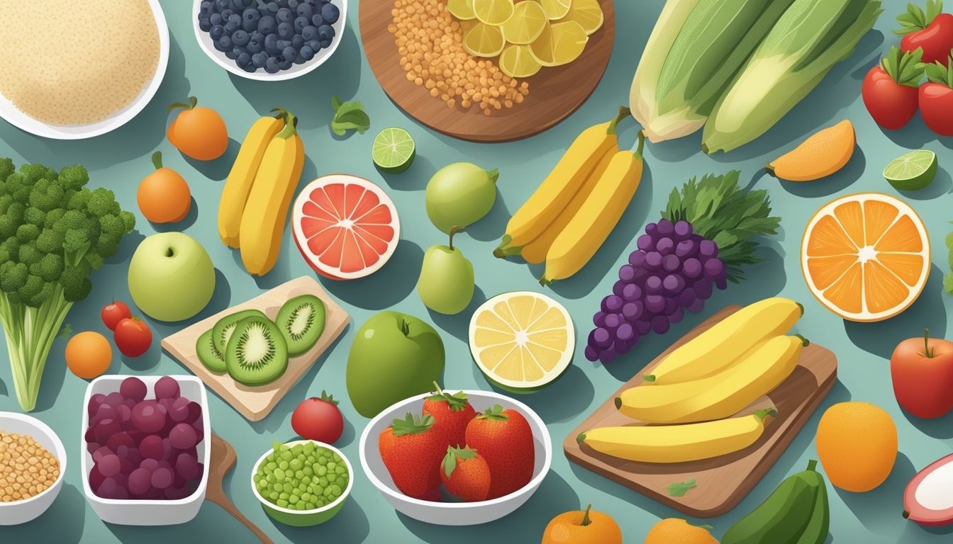 A kitchen counter with a variety of fresh fruits, vegetables, lean proteins, and whole grains laid out for meal planning