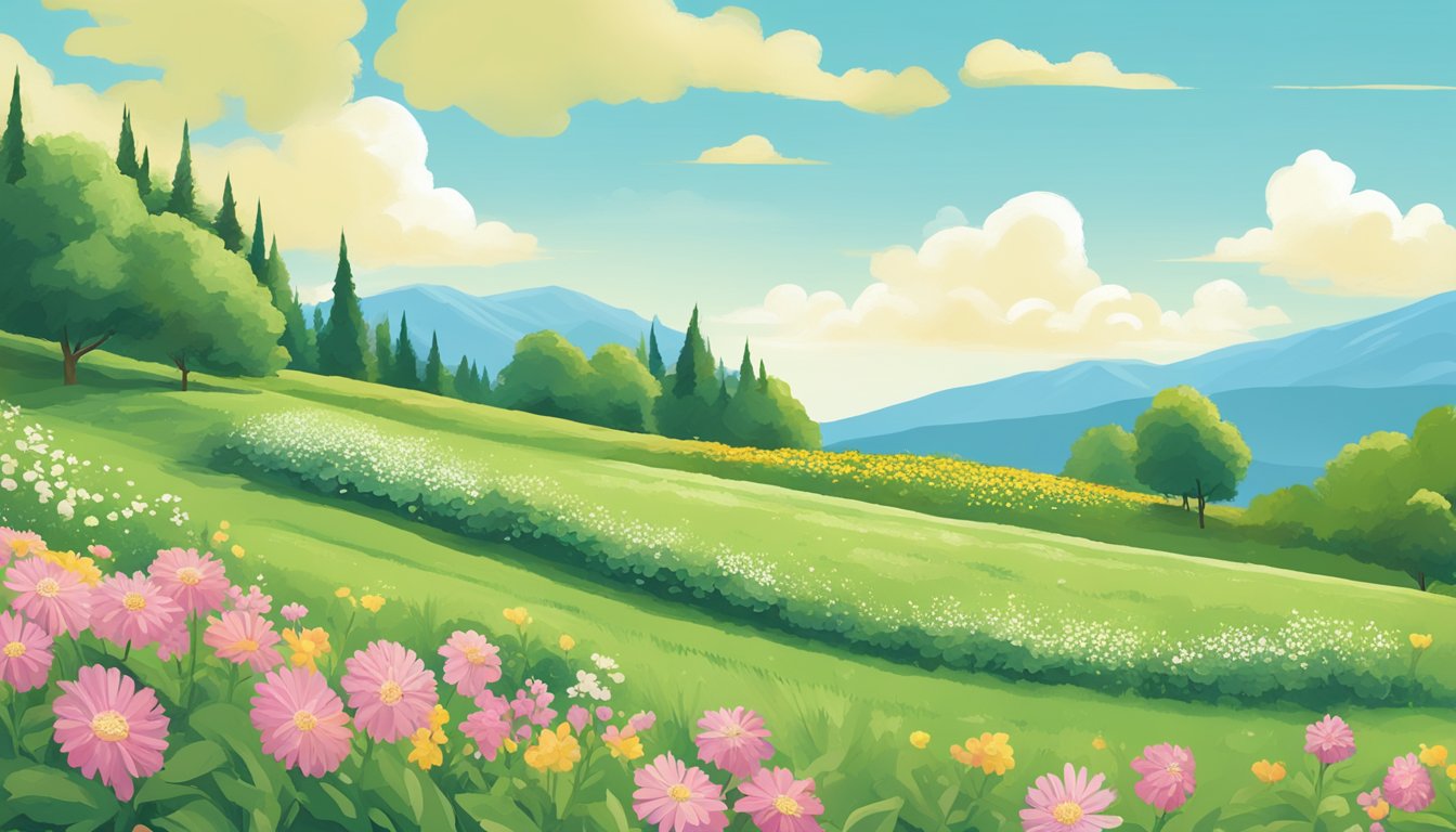 A lush green landscape with a larabar gluten free bar surrounded by blooming flowers and a clear blue sky