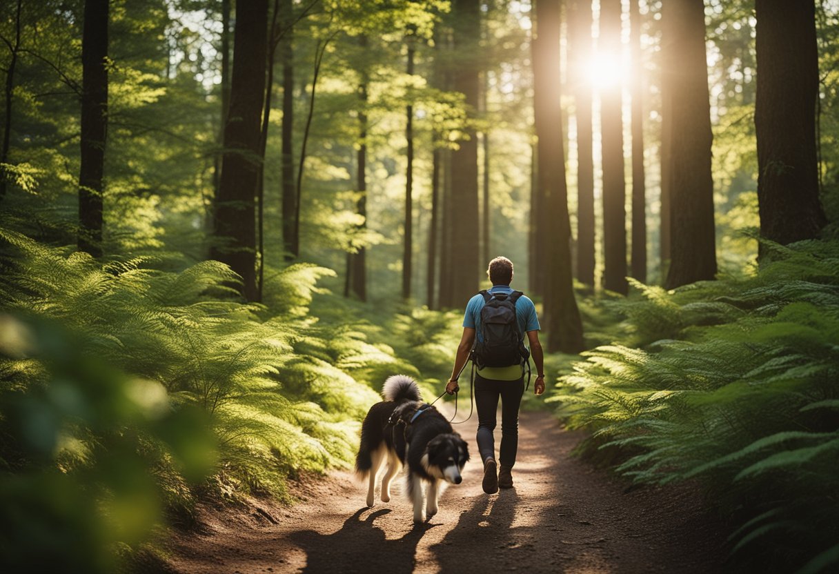 Um cachorro e seu dono caminham por uma floresta exuberante, com o cachorro liderando o caminho ansiosamente, preso por uma coleira ao seu arnês. O sol espreita através das árvores, lançando luz entremeada no caminho.