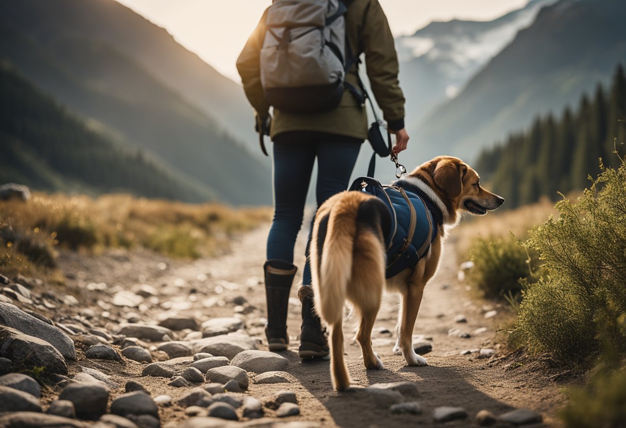 Uma pessoa e seu cachorro se preparam para uma longa caminhada, levando água, lanches e uma guia. O cachorro abana o rabo com entusiasmo, pronto para a aventura.