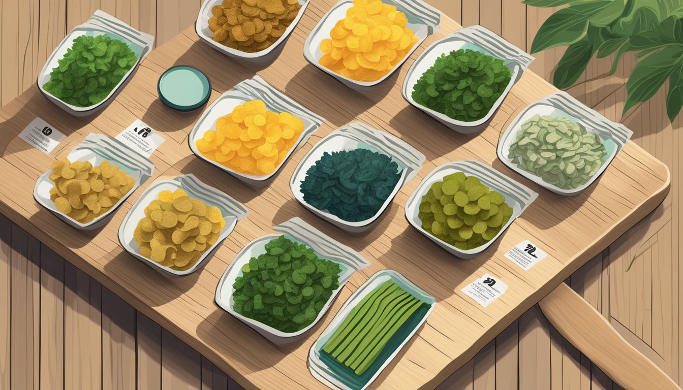 A variety of seaweed snacks arranged on a wooden board with colorful packaging and nutritional information displayed