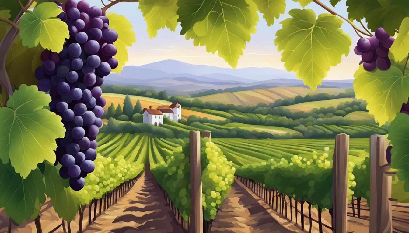 A vineyard with lush green grapevines stretching across the landscape, heavy with deep purple concord grapes ready for harvest