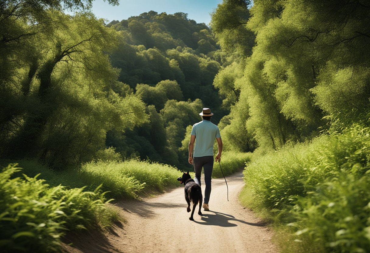 Um cachorro e seu dono caminham por uma trilha sinuosa, cercados por árvores verdes exuberantes e um céu azul claro. O cachorro está trotando feliz ao lado de seu dono, ambos aproveitando a tranquila aventura ao ar livre.