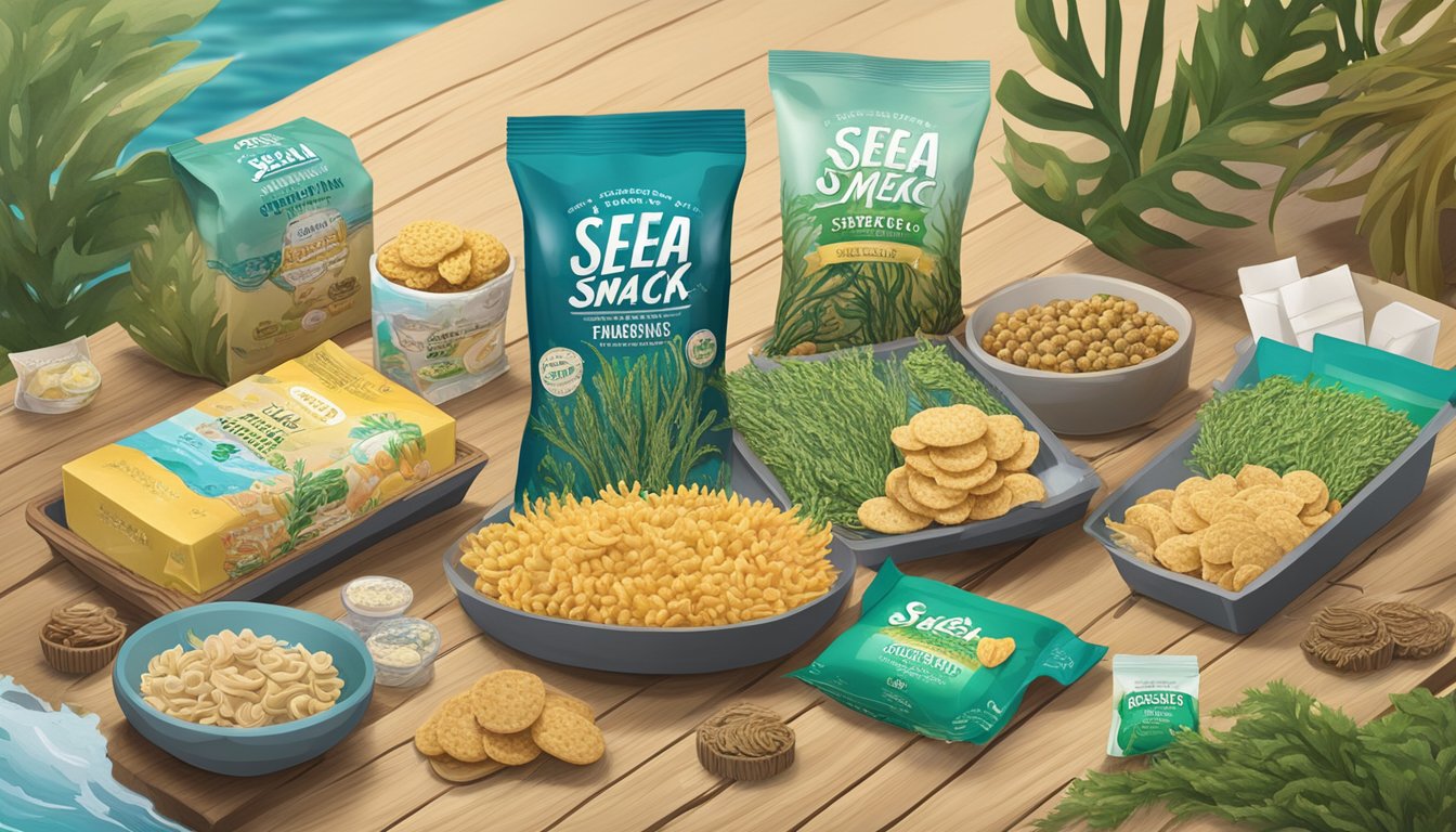 A variety of seaweed snack brands displayed on a wooden table, surrounded by ocean-themed decorations and natural elements