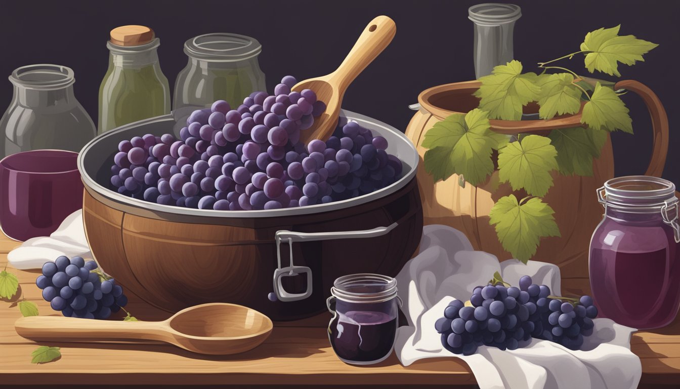 A bubbling pot of concord grapes being stirred with a wooden spoon, surrounded by jars and ingredients for jelly making