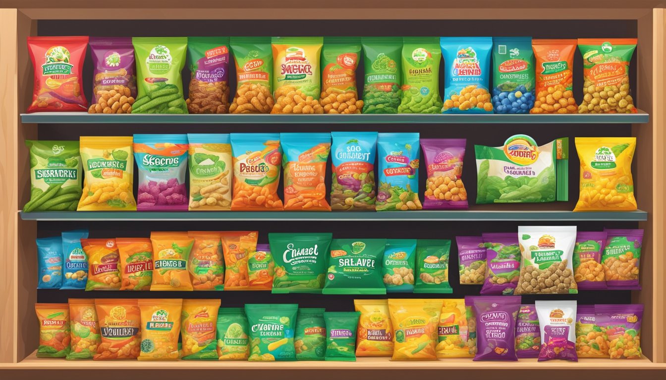 A colorful display of top seaweed snack brands on a market shelf. Bright packaging and enticing product placement