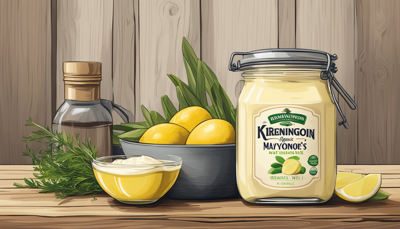 A jar of Sir Kensington's Organic Mayonnaise sits on a rustic wooden table, surrounded by fresh ingredients like eggs, lemon, and olive oil